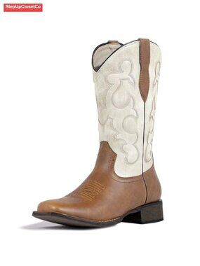 Square Toe Mid Calf Cowboy Boots Faux Leather Western